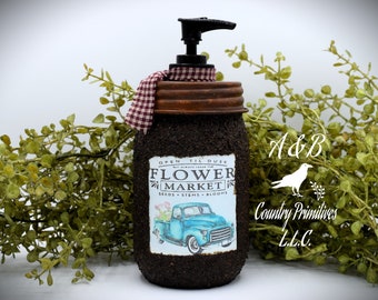 Grubby Hand Soap Dispenser Flower Market, Vintage Blue Truck, Spring Themed Folk Art Label, Country Farmhouse Bathroom Soap Dispenser