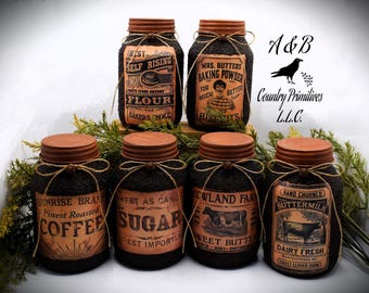 Set of 6 Primitive Farmhouse Grubby Pantry Jars, Country Home and Kitchen Decor, Country Primitive Decor, Farmhouse Decor, Pantry Jars