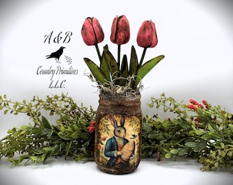 Primitive Easter Bunny Tulip Arrangement: Country Farmhouse Spring Decor