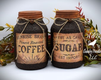 Pair of Grubby Coated Mason Jars with Vintage Coffee and Sugar Labels,  Farmhouse Kitchen Decor, Coffee and Sugar Storage Containers,