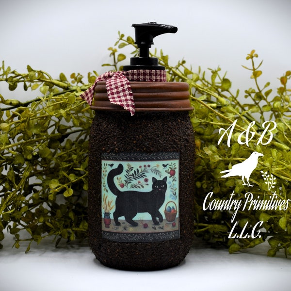 Grubby Hand Soap Dispenser, Primitive Black Cat, Mason Jar Soap Pump & Folk Art Print,Primitive Americana Art Bathroom Decor