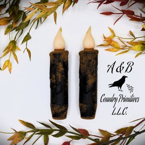Grubby Black Wax Dipped Flameless Taper Candles with Timer: Primitive Home Decor