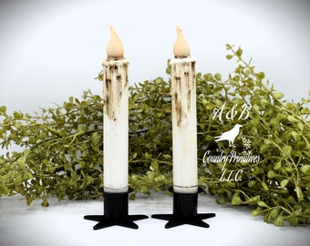 Set of (2) Two Grungy Off-White 7 inch LED Wax Dipped Taper Candles with Timer, Battery Operated Candles, Country Primitive Home Decor