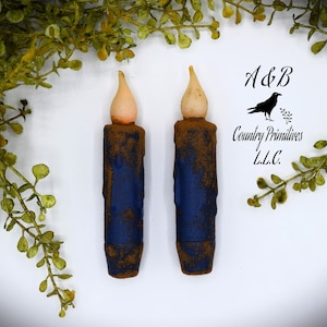 Set of TWO Grungy Blue 4 inch LED Wax Dipped Taper Candles with Timer, Battery Operated Flameless Candles, Country Primitive Home Decor
