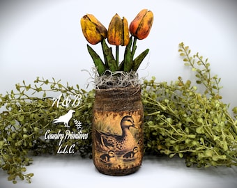 Primitive Mama & Baby Ducks Mason Jar Tulips Floral Arrangement – Farmhouse Spring Decor