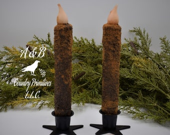 Set of (2) Two Primitive Grubby 7 inch LED Wax Dipped Taper Candles with Timer, Battery Operated Candle, Rustic Country Primitive Home Decor