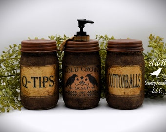 Set of Three Primitive Themed Bathroom Set, Old Crow Hand Soap Dispenser, Q-Tips Jar, Cottonballs Jar, Grungy Style Primitive Bathroom Decor