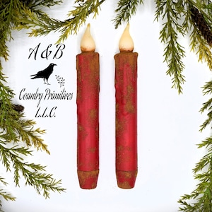 Set of TWO Red Grubby 7 inch LED Wax Dipped Taper Candles with Timer, Battery Operated Flameless Candles, Country Primitive Home Decor