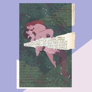 May include: An illustration shows two figures in an embrace, using soft pink and brown hues against a green foliage background. Torn paper strips with text are layered over the image, creating a vintage feel. The artwork suggests themes of intimacy and connection.