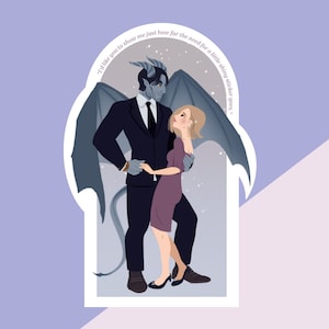 Könnte beinhalten: Ein Sticker mit einem blauhäutigen, gehörnten Mann im Anzug, der eine Frau in einem lila Kleid hält. Der Mann hat einen Schwanz und Flügel. Der Text "I'd like you to show me just how far the need for a little shiny sticker goes" ist um das Bild herum geschrieben.