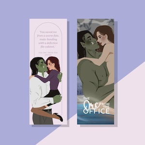 May include: A bookmark featuring a green-skinned orc holding a human woman in a purple dress. The text on the bookmark reads "The Orc From The Office".