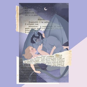 Op de afbeelding: Een romantische illustratie toont een demonachtige figuur die een vrouw omhelst onder een halve maan. Het kunstwerk heeft een vintage esthetiek, met gescheurde papieren elementen en tekstfragmenten op de achtergrond. Het kleurenpalet is zacht, met blauw, paars en beige.