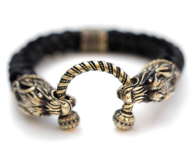 Black leather bracelet with wolf heads Leather bracelet Wolf | Etsy