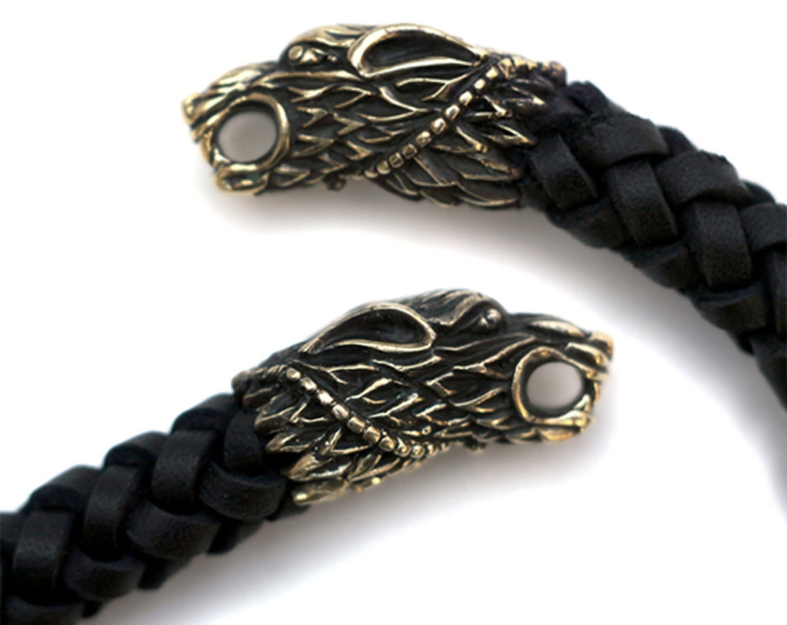 Black leather bracelet with wolf heads Braided bracelet Wolf | Etsy
