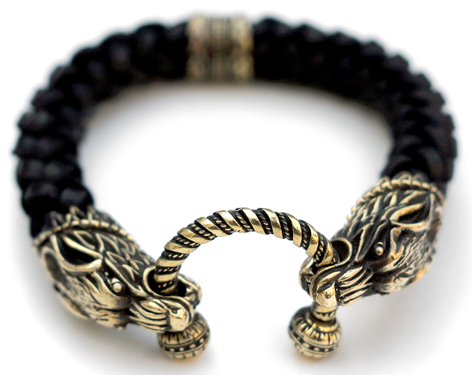 Black leather bracelet with wolf heads Braided bracelet Wolf Etsy
