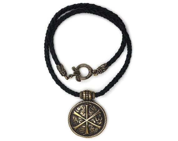 Chi Rho Necklace With Braided Leather Cord Prayer Bronze - Chi Rho Pendant Gold Chi Rho Necklace With Braided Leather Cord Prayer Bronze - Chi Rho Pendant Gold