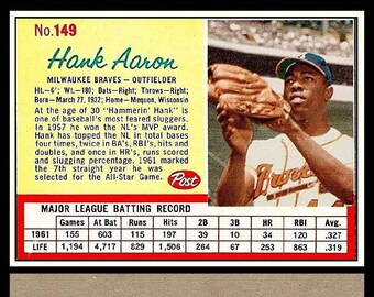 1962 Post Cereal Hank Aaron Milwaukee Brave reprint like original