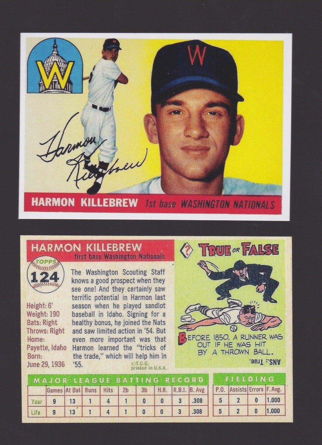1955 Rookie Novelty Card Harmon Killebrew Minnesota Twins Fan Favorite