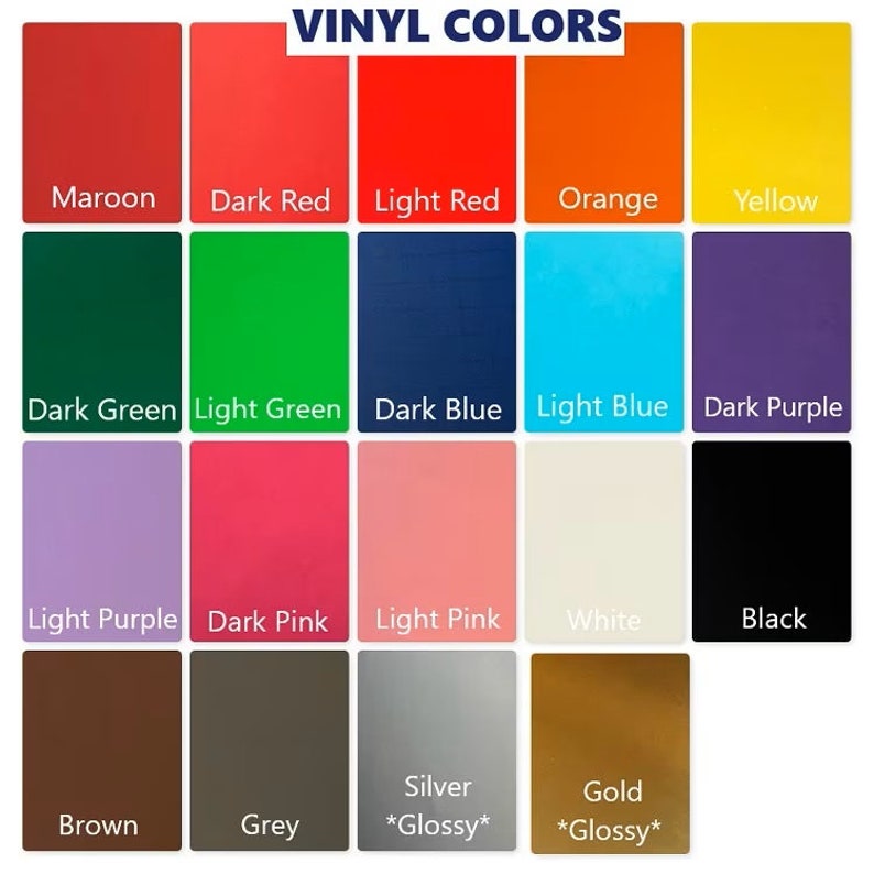 K&ouml;nnte beinhalten: Eine Tabelle mit 18 verschiedenen Vinylfarben, darunter Maroon, Dunkelrot, Hellrot, Orange, Gelb, Dunkelgr&uuml;n, Hellgr&uuml;n, Dunkelblau, Hellblau, Dunkelviolett, Hellviolett, Dunkelrosa, Hellrosa, Wei&szlig;, Schwarz, Braun, Grau, Silber und Gold. Die Farben Silber und Gold sind mit *Glossy* gekennzeichnet.