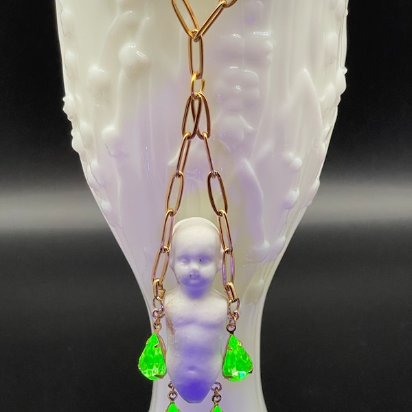 25 Inch Goldtone Glowing Antique Baby Doll Pendant with URANIUM Swarovski Crystals on Paperclip Chain Necklace UV Glow