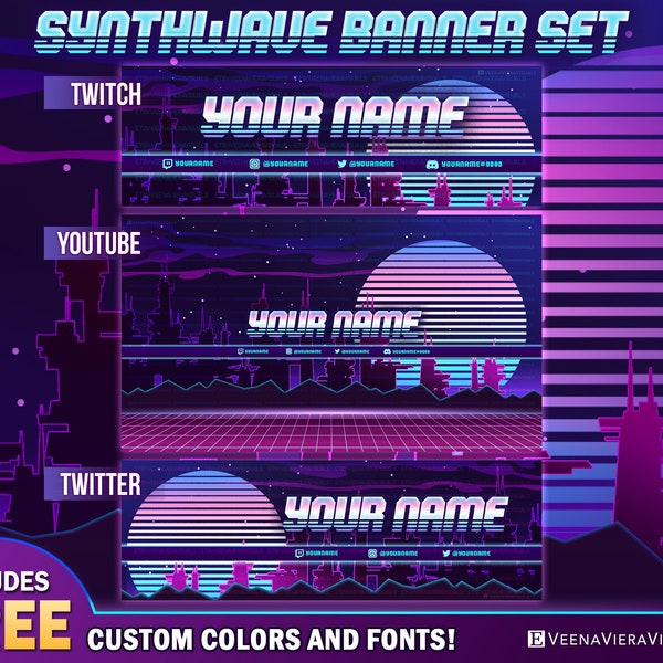 Synthwave Banners Set for Twitch, Youtube, and Twitter