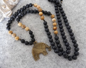 Kette Mala Elefant Yoga Jade schwarz boho Hippie Gebetskettte