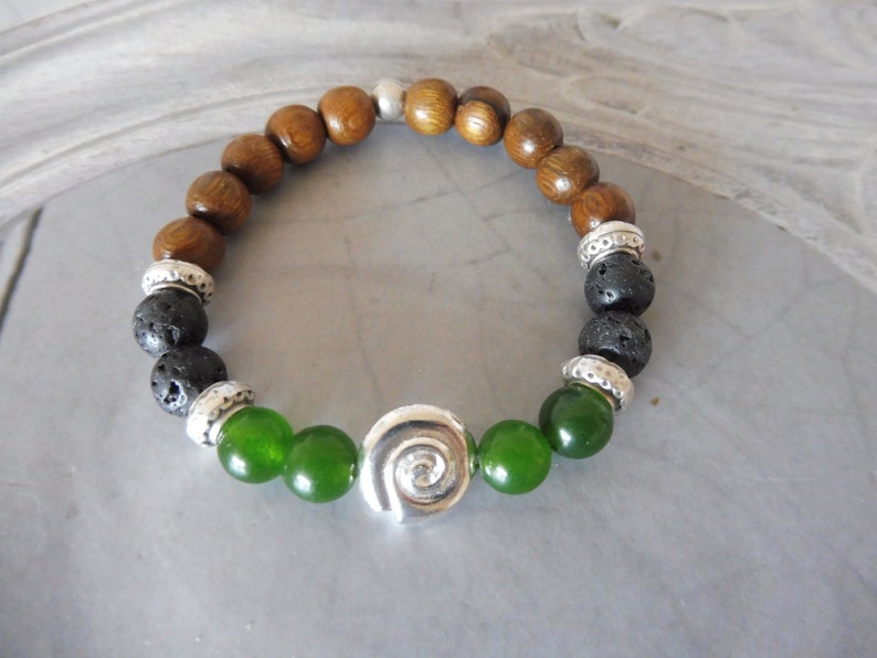 Bracelet spiral snail jade lava silver green boho Handmala