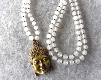 Mala Kette Buddha Yoga weiß Jade boho Edelsteine Messing