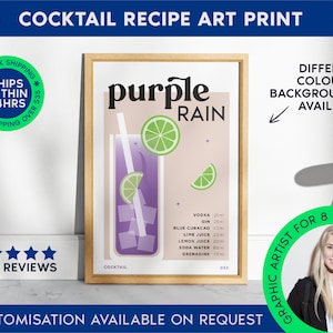 Purple Rain Print | Cocktail Bar Cart Print | Unframed Purple Rain Poster | Drink Recipe Poster | Minimalist Alcohol Print | Bar Cart Art