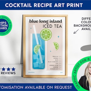 Blauwe Long Island Iced Tea Klassieke Cocktail Art Print | Bar Cart Decor voor cocktailliefhebbers | Recept afdrukken | Mixology-poster voor Home Bar Cart