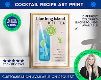 Blue Long Island Iced Tea Classic Cocktail Art Print | Bar Cart Decor for Cocktail Lovers | Recipe Print | Mixology Poster for Home Bar Cart