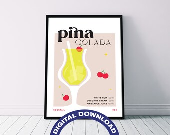 Póster de descarga digital para imprimir con la receta del cóctel "Piña Colada"