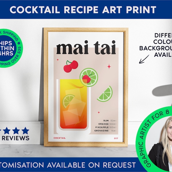 Mai Tai Print | Cocktail Bar Cart Print | Unframed Mai Tai Poster | Drink Recipe Poster | Minimal Alcohol Print | Bar Cart Art Accessories