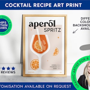 Aperol Spritz Print | Cocktail Bar Cart Print | Unframed Aperol Spritz Poster | Drink Recipe Poster | Minimalist Alcohol Print | Bar Cart