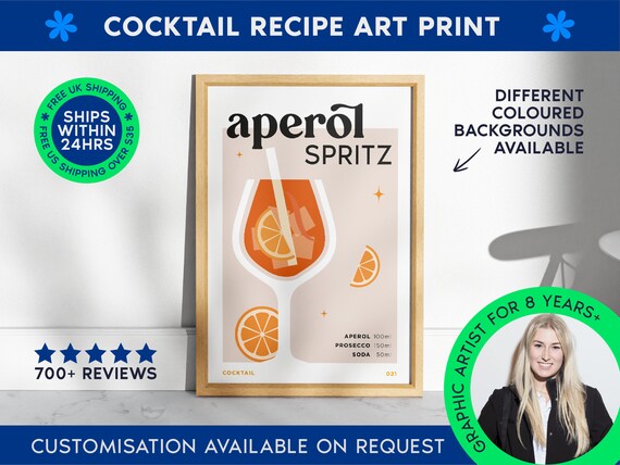 Aperol Spritz Print | Cocktail Bar Cart Print | Unframed Aperol Spritz Poster | Drink Recipe Poster | Minimalist Alcohol Print | Bar Cart