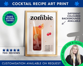 Zombie Rum Classic Cocktail Art Print | Bar Cart Decor for Cocktail Lovers | Cocktail Recipe Print | Mixology Poster for Home Bar Cart