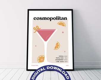 Póster digital imprimible con la receta del cóctel 'Cosmopolitan'