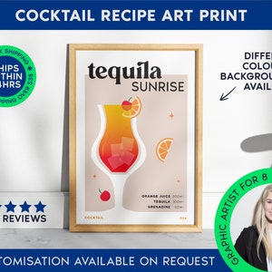 Tequila Sunrise Print | Cocktail Bar Cart | Unframed Tequila Sunrise Poster | Drink Recipe Poster | Minimal Alcohol Print | Bar Cart Art