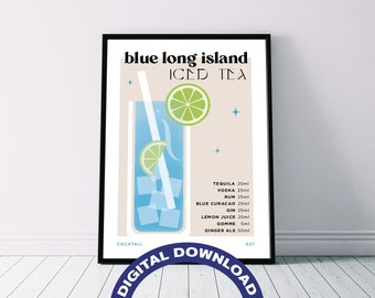 Póster de descarga digital con la receta del cóctel "Té helado Blue Long Island"