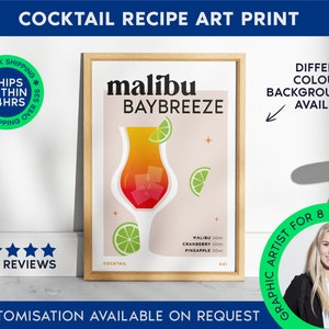 Malibu Baybreeze klassieke cocktail print | Bar Cart Decor voor cocktailliefhebbers | Cocktailrecept afdrukken | Mixology Art Poster voor Home Bar Cart