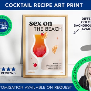 Sex On The Beach Classic Cocktail Art Print | Bar Cart Decor for Cocktail Lovers | Cocktail Recipe Print | Mixology Poster for Home Bar Cart
