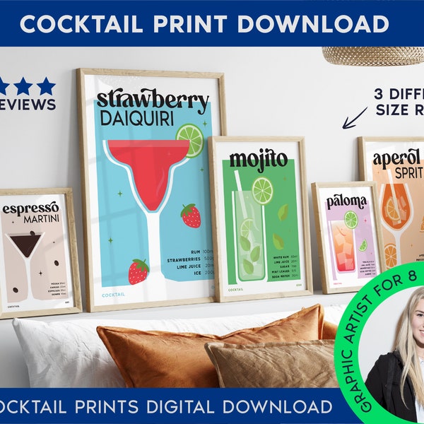 Cocktail Print Set of 8 | Colourful Bar Cart Gallery Wall | DIGITAL DOWNLOAD | Cocktail Posters | Bar Printable Art | Drinks Wall Decor