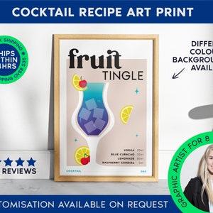 Impression de fruits Tingle | Impression de chariot de barre de cocktail | Affiche de Tingle de fruits sans cadre | Affiche de recette de boisson | Impression d'alcool minimaliste | Art du chariot de bar