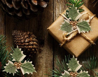 Christmas Gold Holly Present Toppers | Floral Decoration | Wrapping Stationery | Christmas Crafting | Wreath Making | Pack of 3