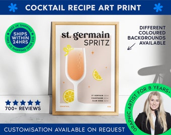 St Germain Spritz Print | Cocktail Bar Cart Print | Unframed Spritz Poster | Drink Recipe Poster | Minimalist Alcohol Print | Bar Cart Art