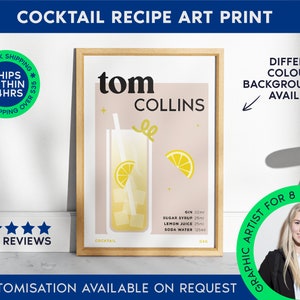 Tom Collins Print | Cocktail Bar Cart Print | Unframed Tom Collins Poster | Drink Recipe Poster | Minimalist Alcohol Print | Bar Cart Art