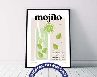 Póster impreso con la receta del cóctel 'Mojito' (descarga digital)
