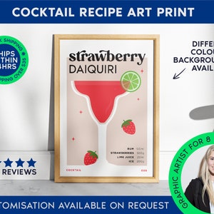 Strawberry Daiquiri Print | Cocktail Bar Cart Print | Unframed Daiquiri Poster | Drink Recipe Poster | Minimal Alcohol Print | Bar Cart Art