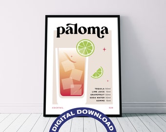 Póster de descarga digital para imprimir con la receta del cóctel 'Paloma'