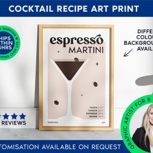 Espresso Martini Classic Cocktail Art Print | Bar Cart Decor for Cocktail Lovers | Cocktail Recipe Print | Mixology Poster for Home Bar Cart
